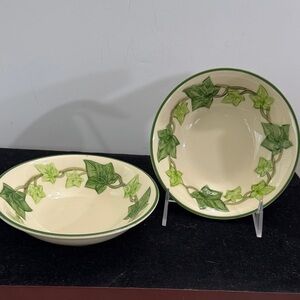 two 1950s Vintage Franciscan Green Ivy Patterned Cream Bowls 6“
